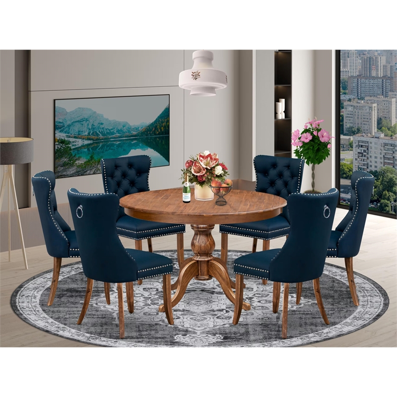 Pemberly Row 7-Piece Dining Table Set with Rubberwood in Walnut Finish