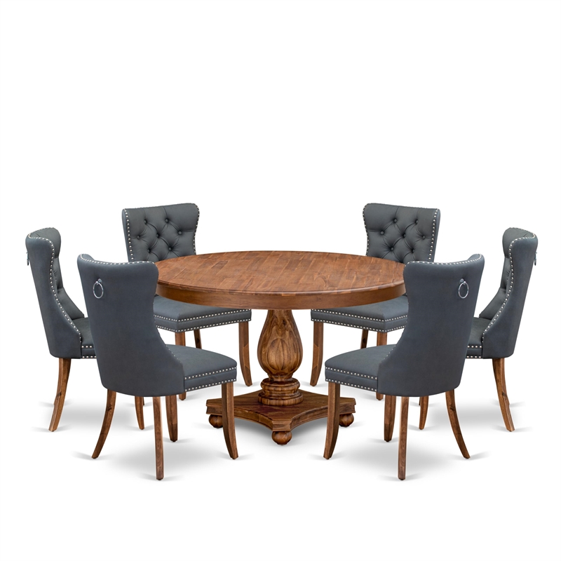 Pemberly Row 7-Piece Walnut Dining Table Set Rubberwood with Gray Leather