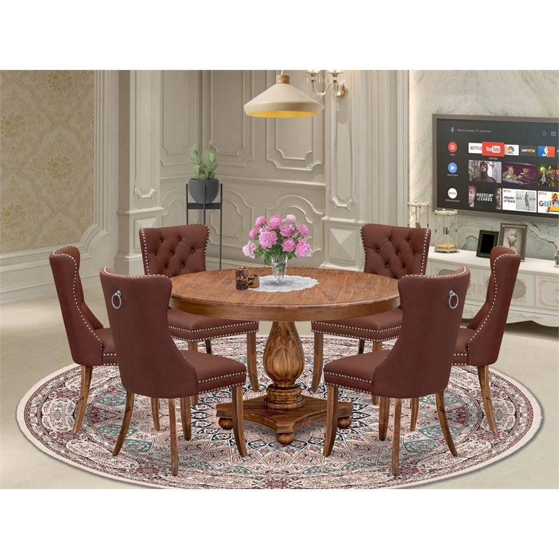 Pemberly Row 7-Piece Dining Table Set in Walnut Finish and Faux Leather
