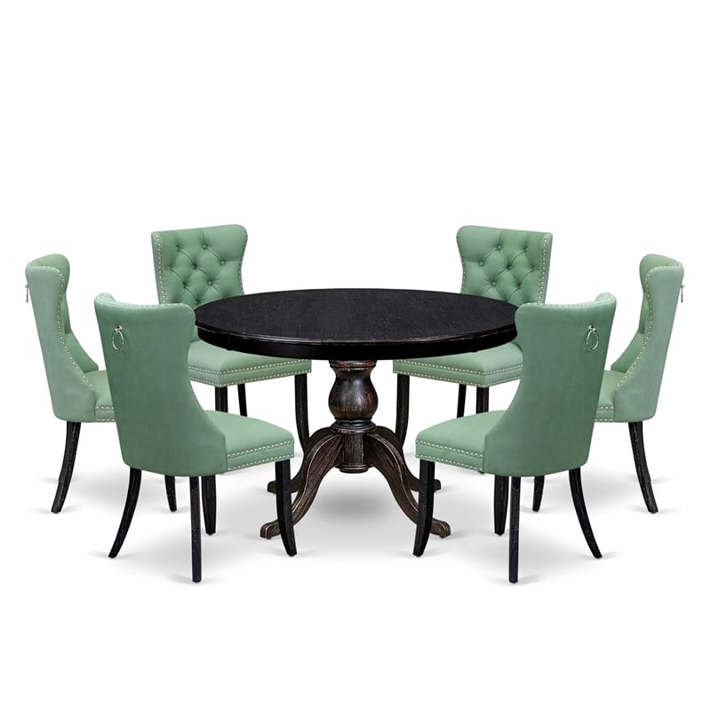 Pemberly Row 7-Piece Round Dining Set in Sand-Blasted Black Finish
