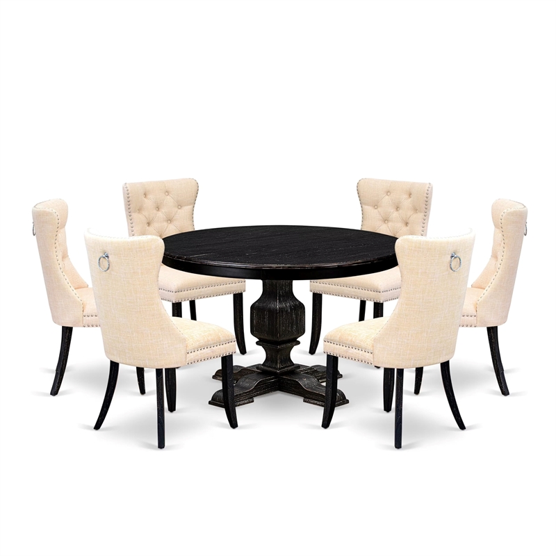 Pemberly Row 7-Piece Dining Table Set Made of Acacia Wood in Black Finish