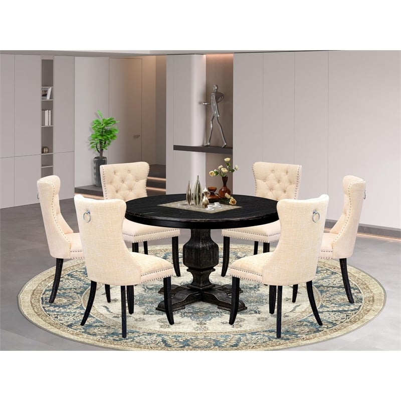 Pemberly Row 7-Piece Dining Table Set Made of Acacia Wood in Black Finish
