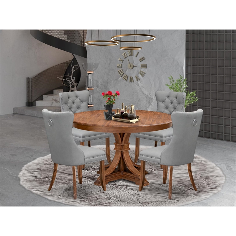 Pemberly Row 5-Piece Dining Set with Faux Leather Chairs in Walnut Wood