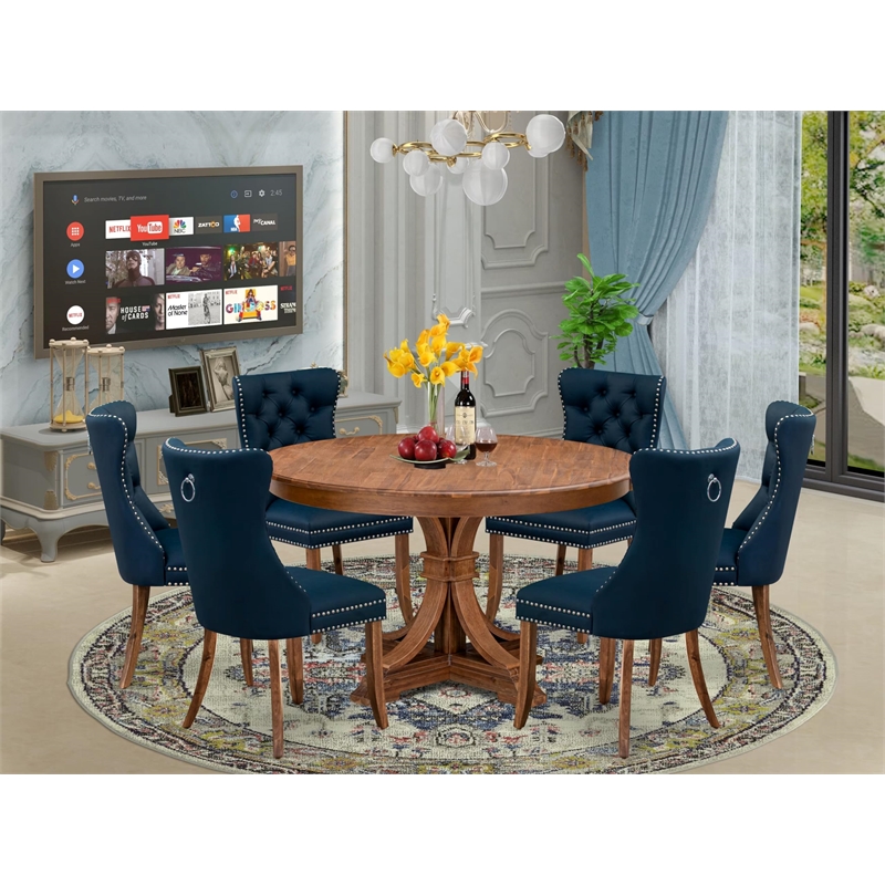 Pemberly Row 7-Piece Dining Set with Faux Leather Chairs in Walnut Wood