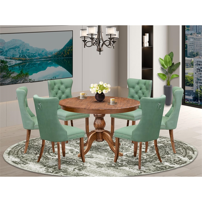 Pemberly Row 7-Piece Modern Dining Set with Faux Leather Chairs in Walnut