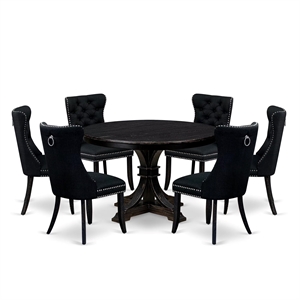 Pemberly Row 7-Piece Round Kitchen Table Set in Sand-Blasted Black Wood