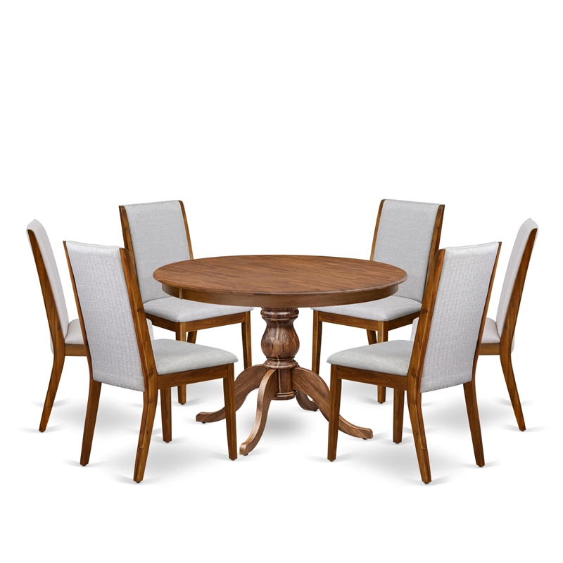 Pemberly Row 7-Piece Dining Set in Walnut Finish with Grey Linen Chairs