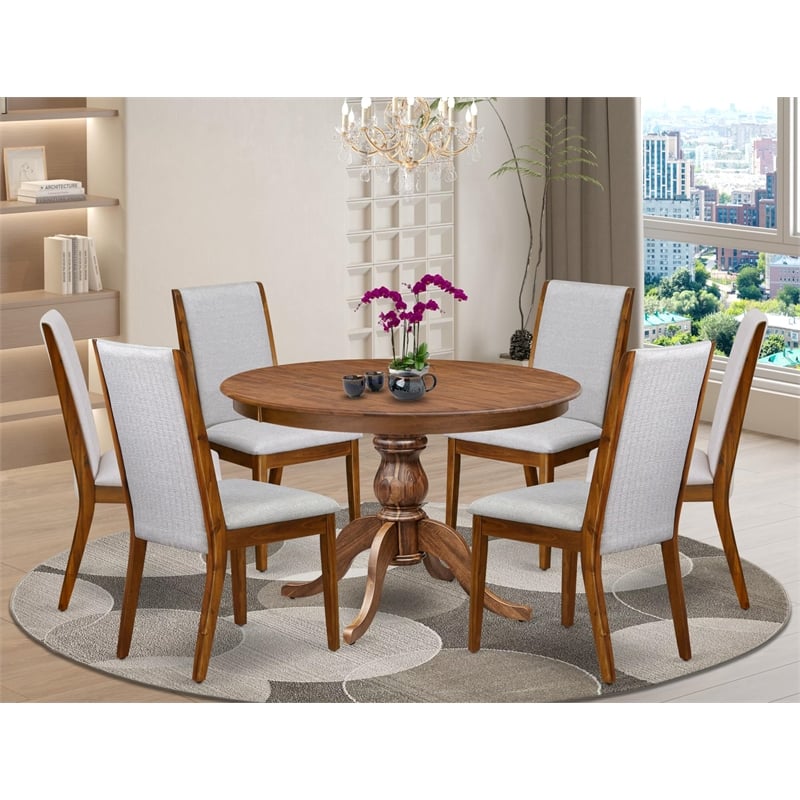 Pemberly Row 7-Piece Dining Set in Walnut Finish with Grey Linen Chairs