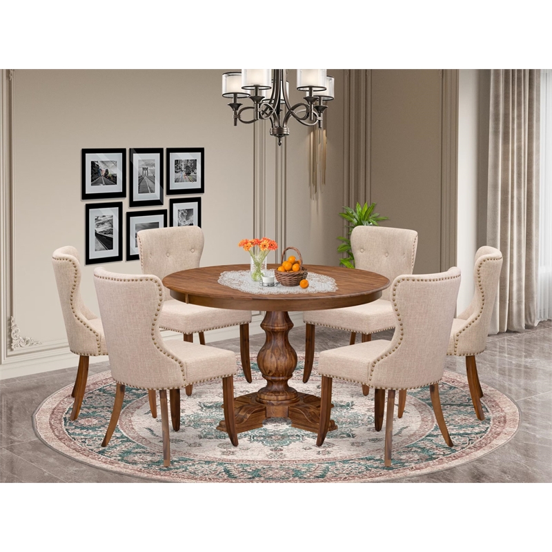 Pemberly Row 7-Piece Rubberwood Dining Set in Walnut Linen Upholstery