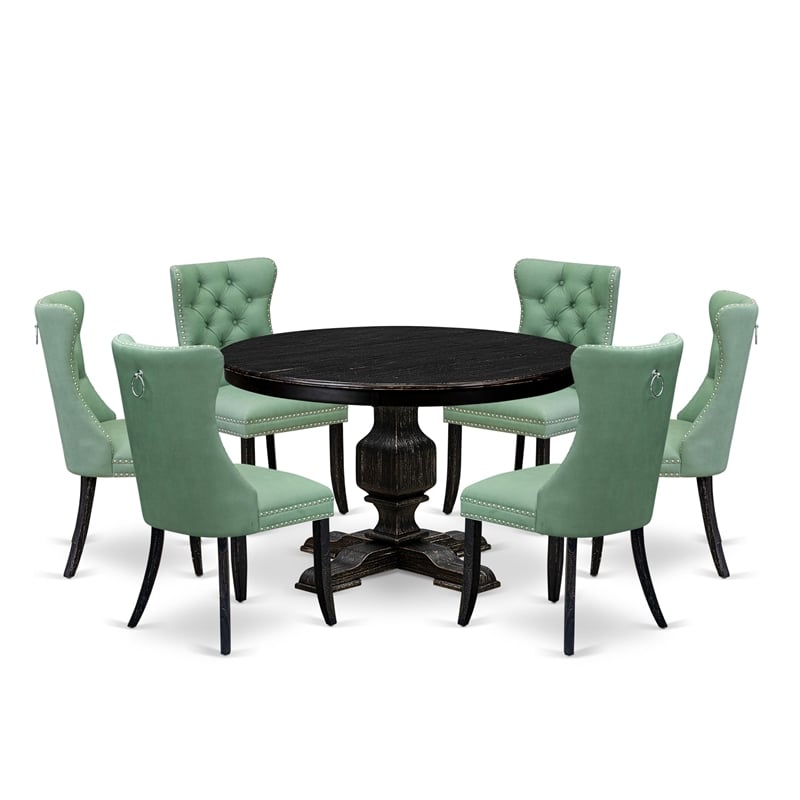 Pemberly Row 7-Piece Round Dining Set Wood Black Finish Upholstered Chairs