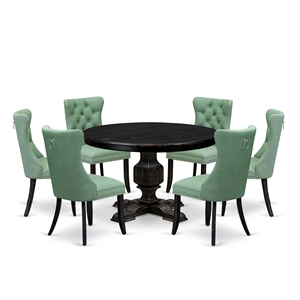 Pemberly Row 7-Piece Round Dining Set Wood Black Finish Upholstered Chairs