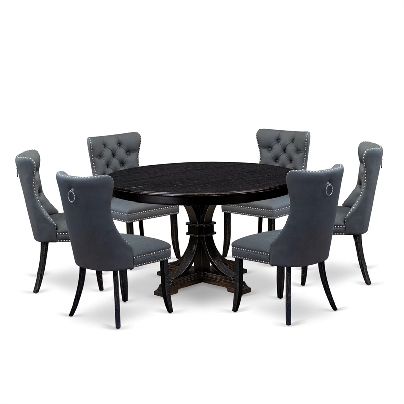 Pemberly Row 7-Piece Dining Table Set Acacia Wood Black Finish Faux Leather