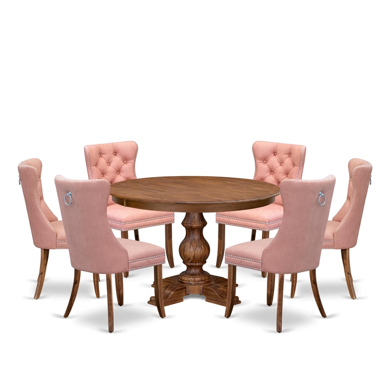 Pemberly Row 7-Piece Mid-Century Dining Set in Walnut Faux Leather