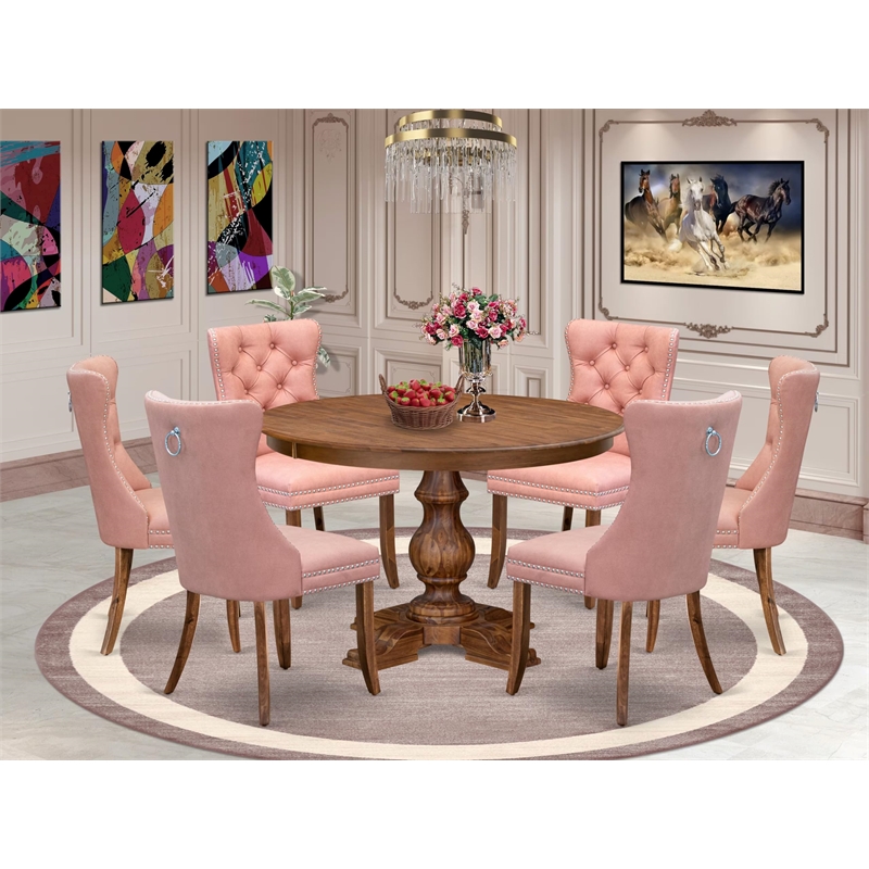 Pemberly Row 7-Piece Mid-Century Dining Set in Walnut Faux Leather