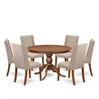 Pemberly Row 7-Piece Round Dining Set in Walnut Linen Upholstery