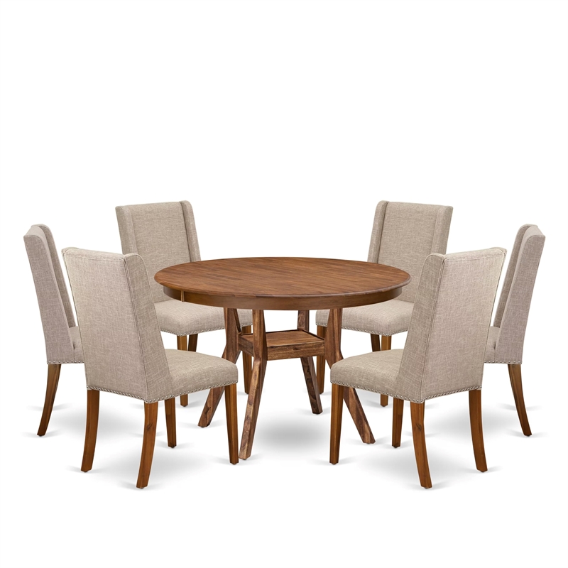 Pemberly Row 7-Piece Round Wooden Dining Set in Walnut Finish