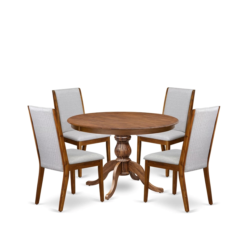 Pemberly Row 5-Piece Dining Set in Walnut Finish with Grey Linen Chairs
