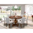 Pemberly Row 7-Piece Pedestal Dining Set with Linen Chairs in Walnut