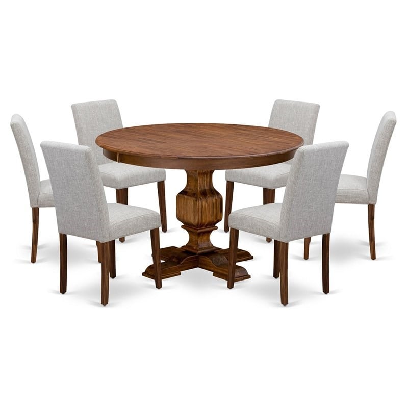 Pemberly Row 7-Piece Pedestal Dining Set with Linen Chairs in Walnut