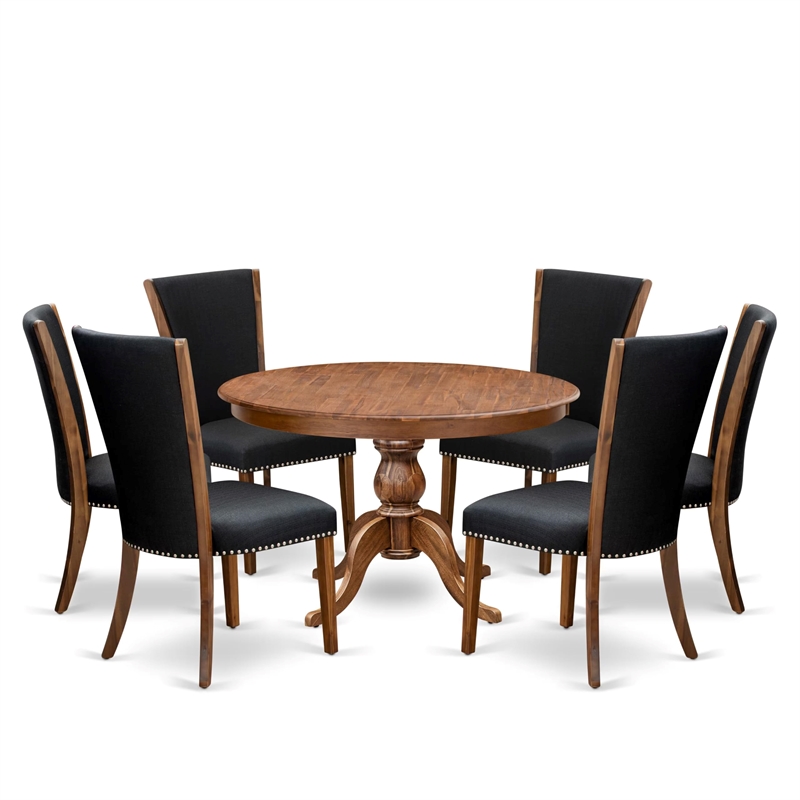 Pemberly Row 7-Piece Round Dining Set with Black Linen Chairs in Walnut