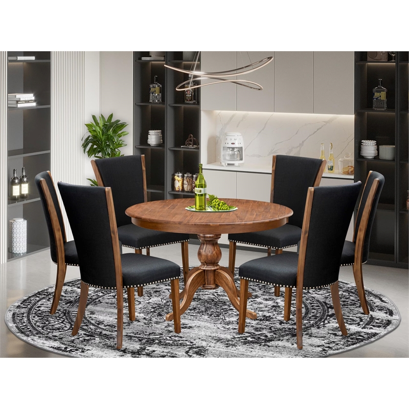 Pemberly Row 7-Piece Round Dining Set with Black Linen Chairs in Walnut