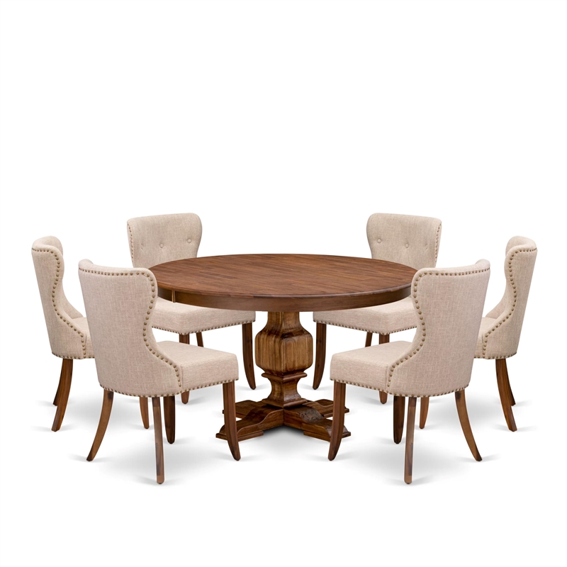 Pemberly Row 7-Piece Dining Set with Light Tan Linen Chairs in Walnut
