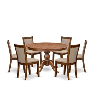 Pemberly Row 7-Piece Dining Table Set in Walnut and Light Tan Linen