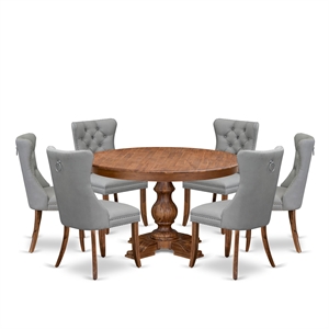 Pemberly Row 7-Piece Dining Set Wood in Walnut Finish with Gray Chairs
