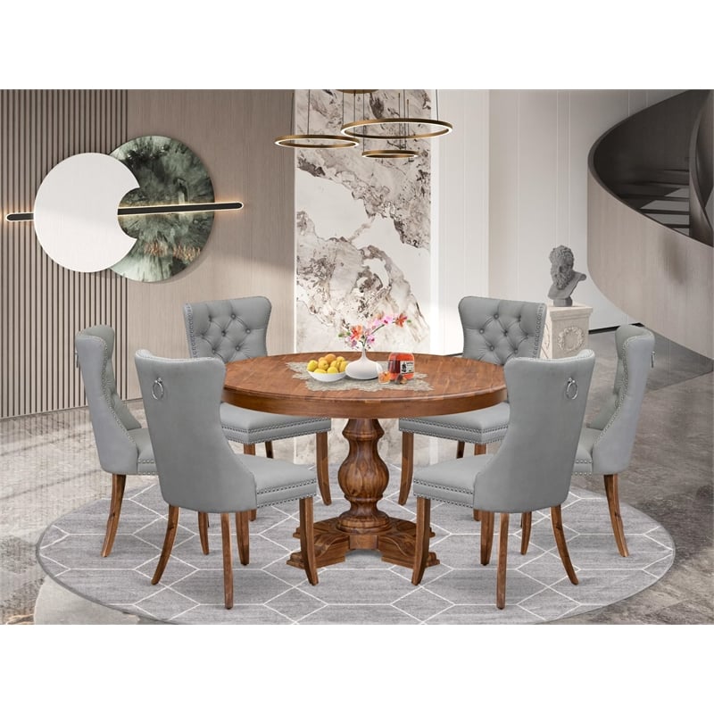 Pemberly Row 7-Piece Dining Set Wood in Walnut Finish with Gray Chairs