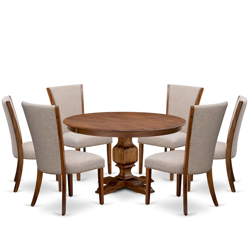Pemberly Row 7-Piece Round Dining Set Acacia Wood in Walnut Finish