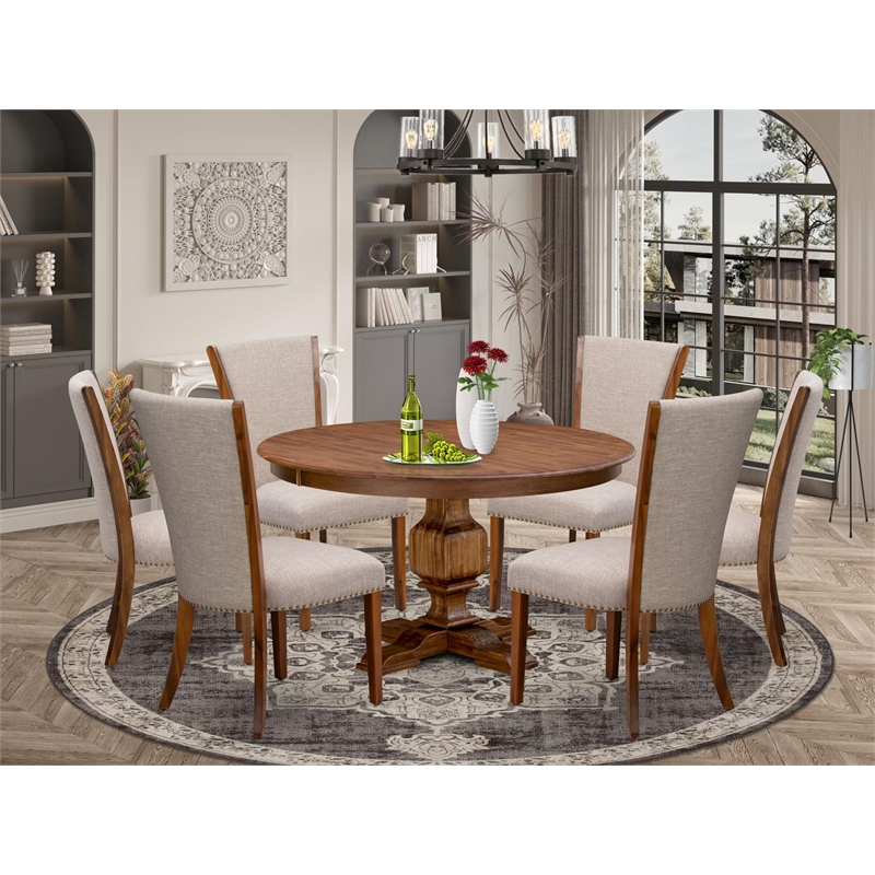 Pemberly Row 7-Piece Round Dining Set Acacia Wood in Walnut Finish