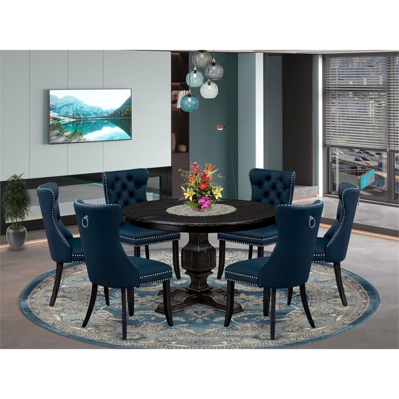 Pemberly Row 7-Piece Round Dining Set with Black Sand-Blasted Finish