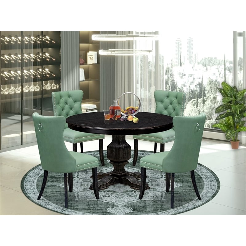 Pemberly Row 5-Piece Round Kitchen Table Set in Black with Faux Leather