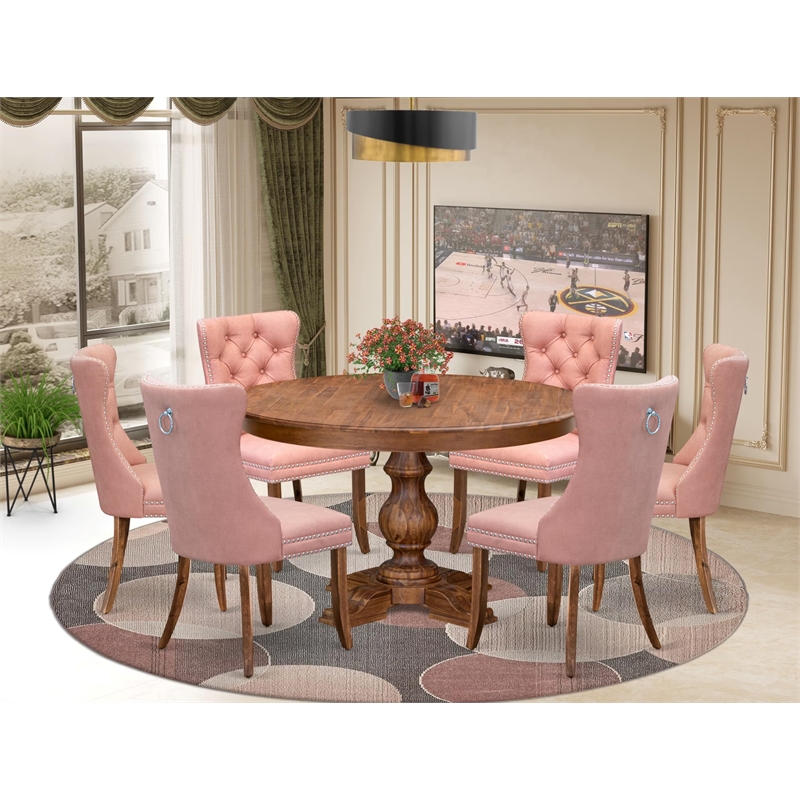 Pemberly Row 7-Piece Dining Table Set in Antique Walnut and Faux Leather