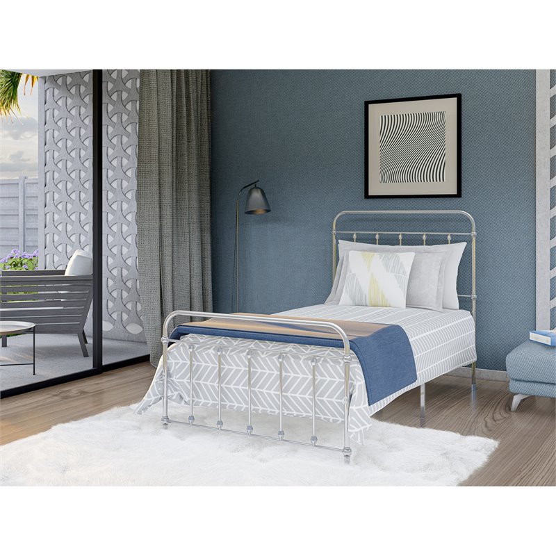 Pemberly Row Twin Metal Platform Bed Frame with Headboard in Silver