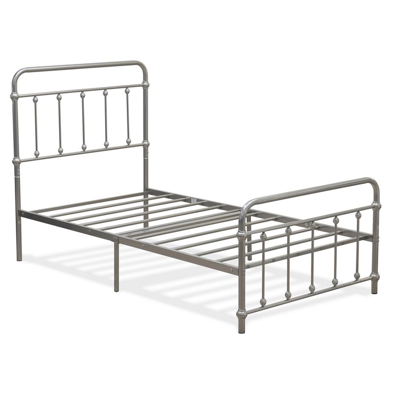 Pemberly Row Twin Metal Platform Bed Frame with Headboard in Silver
