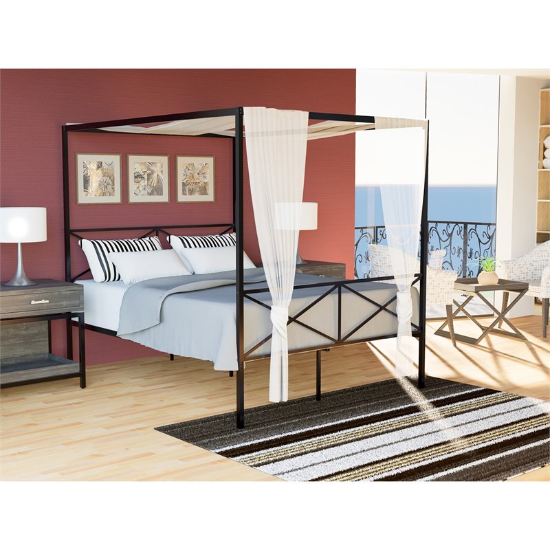 Pemberly Row Queen Metal Bed Frame with Canopy Design in Black