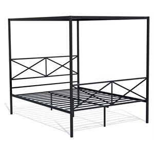 Pemberly Row Queen Metal Bed Frame with Canopy Design in Black