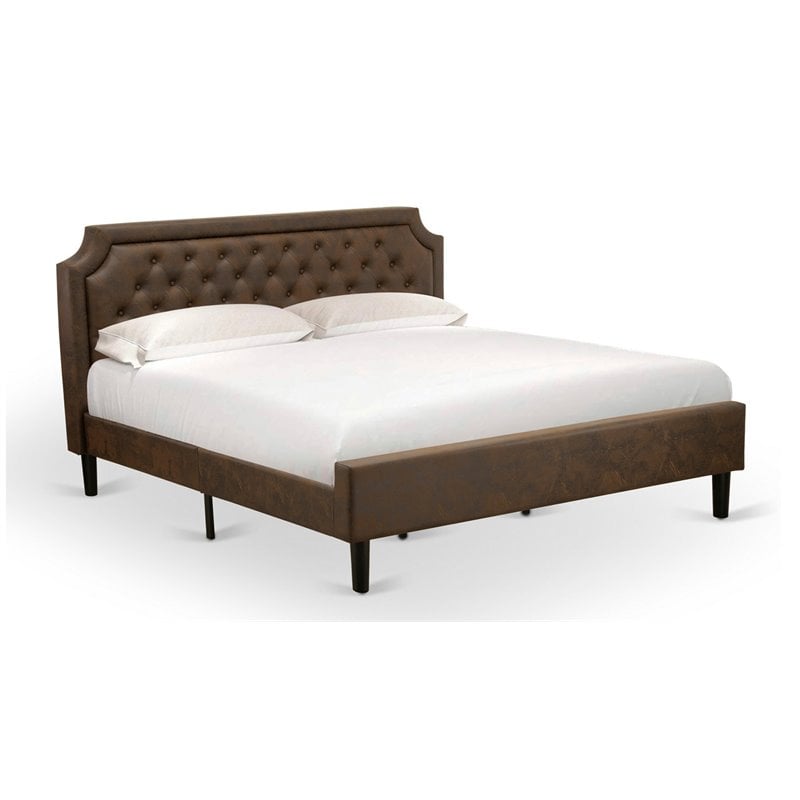 Pemberly Row Wood King Bed with Faux Leather Headboard in Dark Brown
