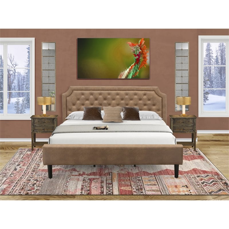 Pemberly Row King Platform Bed with Button Tufted Headboard in Brown