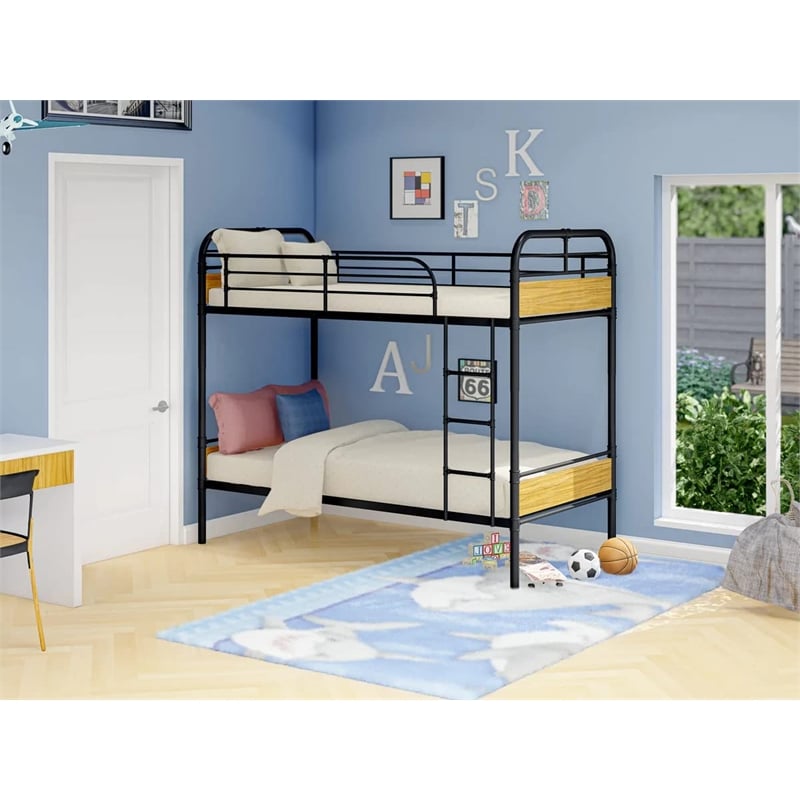 Pemberly Row Twin Size Metal Bunk Bed with Slats and Headboard in Black