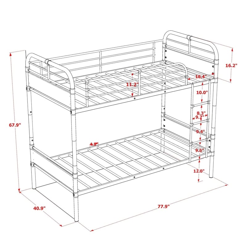 Pemberly Row Twin Size Metal Bunk Bed with Slats and Headboard in Black