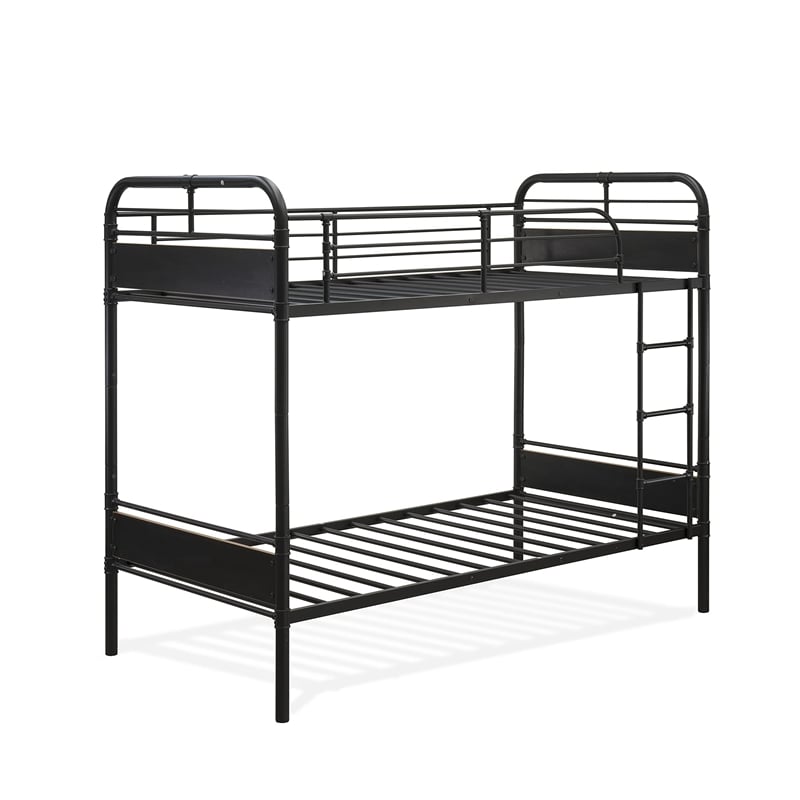 Pemberly Row Twin Size Metal Bunk Bed with Slats and Headboard in Black