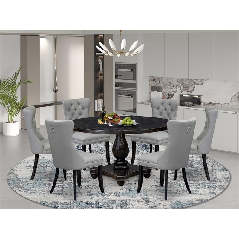 Pemberly Row 7-Piece Round Dining Set with Pedestal Table Black Finish