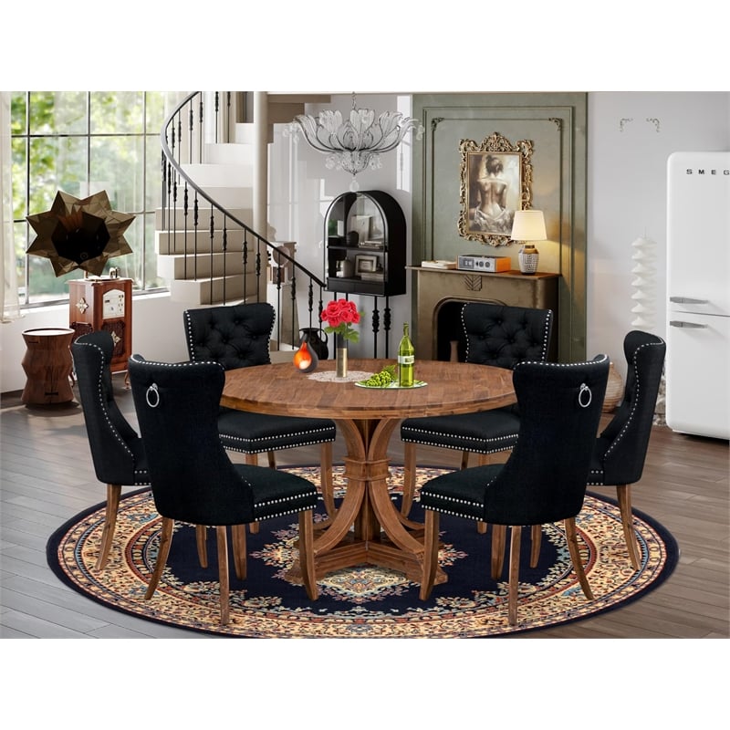 Pemberly Row 7-Piece Walnut Dining Set with Table and Black Linen Chairs
