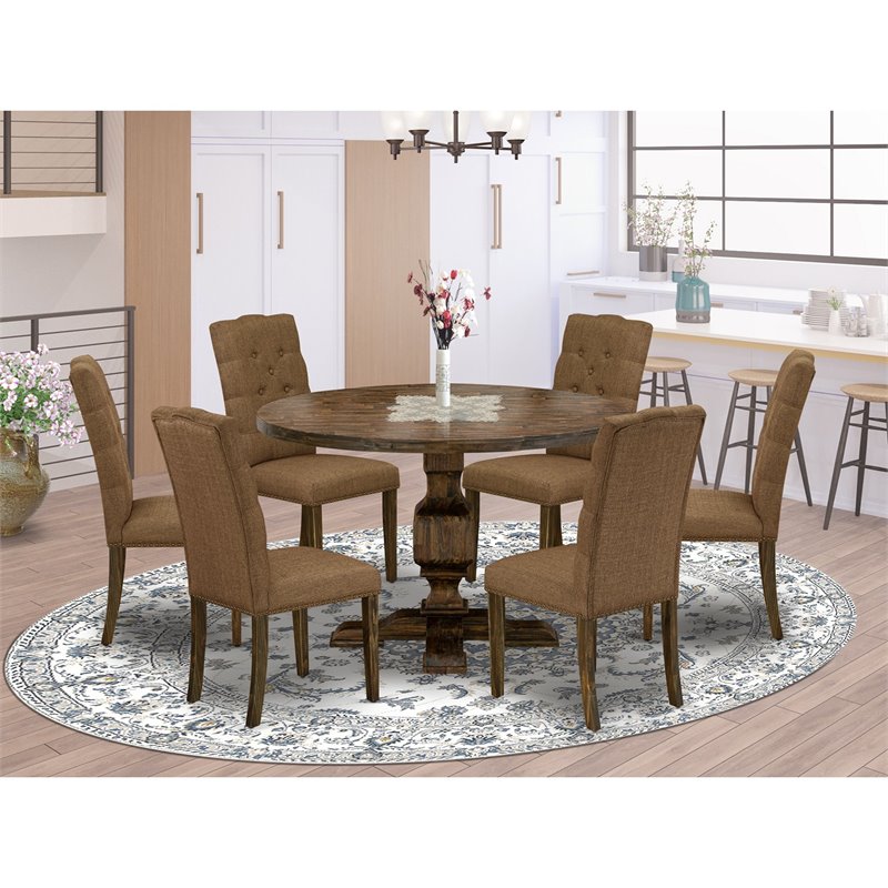 Pemberly Row 7-Piece Dining Set in Distressed Jacobean with Linen Chairs
