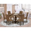Pemberly Row 7-Piece Dining Set in Distressed Jacobean with Linen Chairs