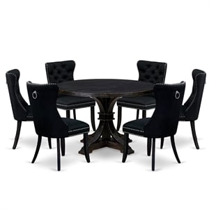 Pemberly Row 7-Piece Dining Set in Black with Black Linen Chairs