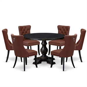 Pemberly Row 7-Piece Round Dining Set in Black with Faux Leather Chairs