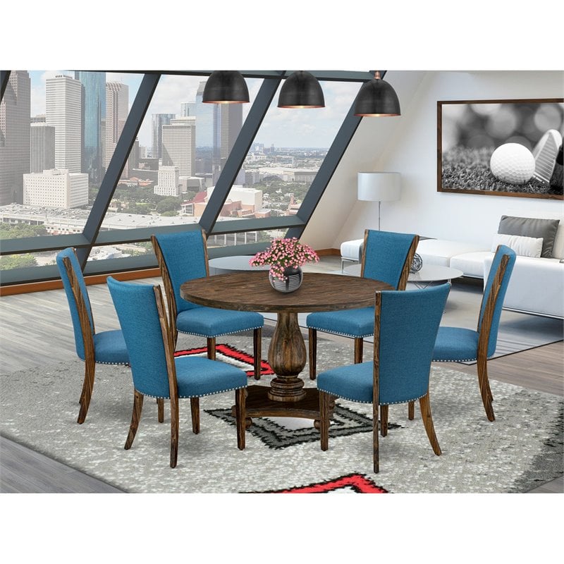 Pemberly Row 7-Piece Wood Dining Set in Distressed Jacobean and Blue